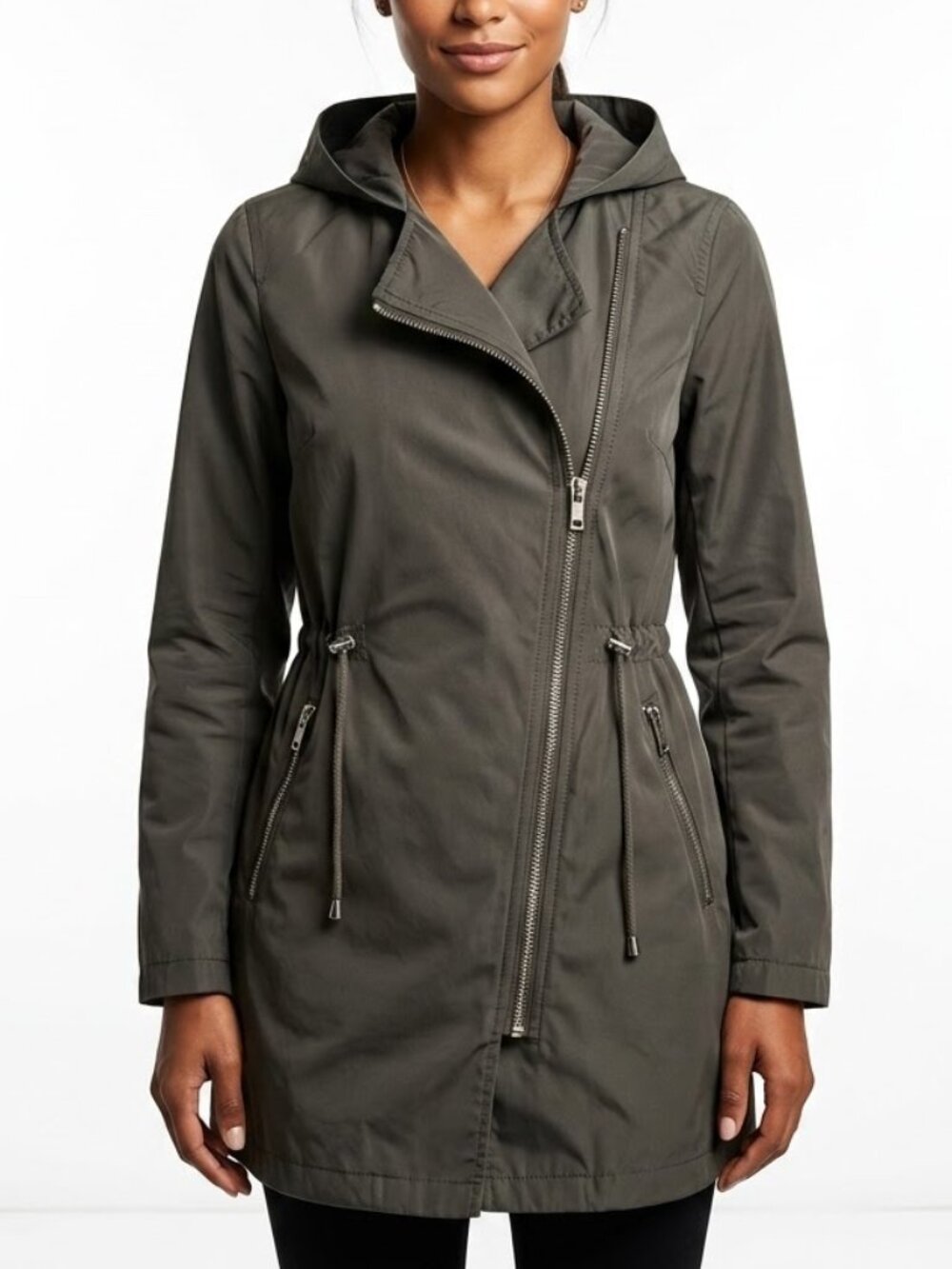 Ambiance Cyber Gorpcore Olive Asymmetric Zip Hooded Utility Jacket Medium